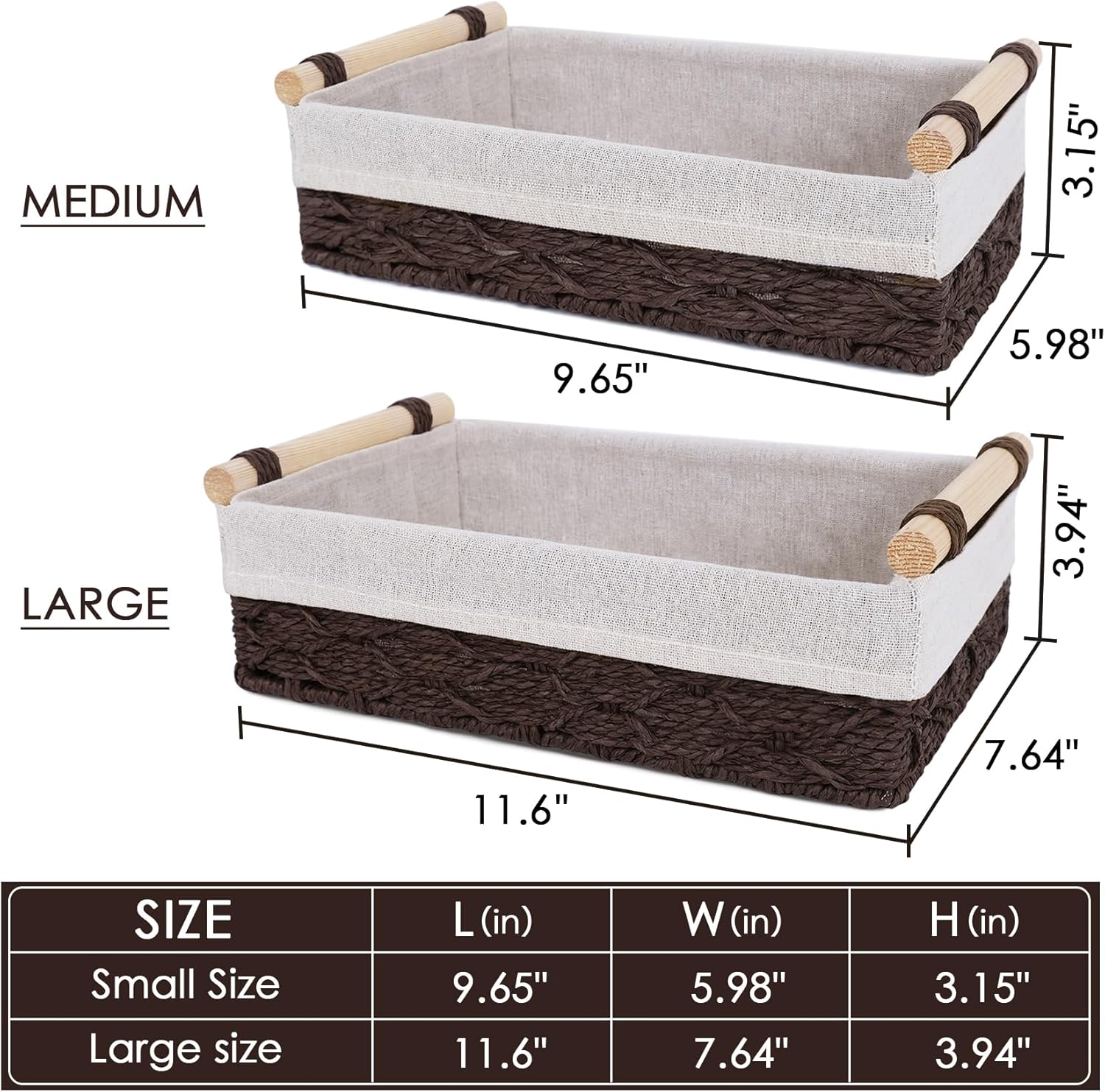 Wicker Storage Basket - Decorative Paper Rope Organizer with Wooden Handle | 2-Pack, Brown for Home & Office
