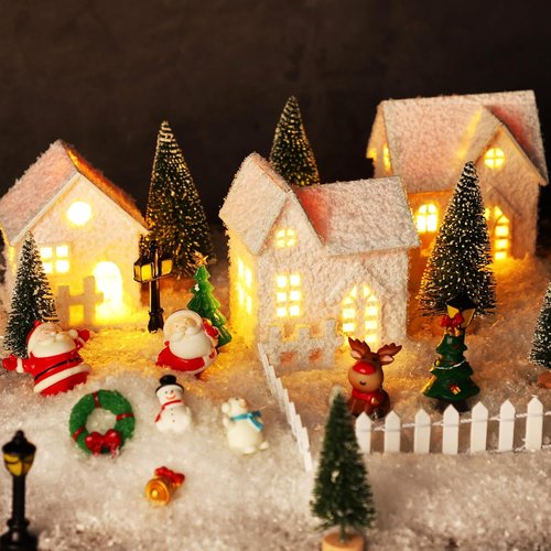 Fovths Christmas Village Set - 35 LED Lighted Houses with Mini Figurines & Snow | Winter Table Decor