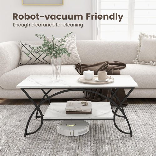 COSTWAY 2-Tier Coffee Table, Modern Faux Marble Accent Table with Storage and Black Finished Metal Frame, Chic Rectangular End Table for Living Room Office Lounge (White+Black)