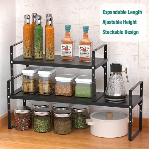 SUZLON Expandable Cabinet Shelf Organizer Rack, Stackable Kitchen Counter Storage Shelves Stand, Adjustable Height Pantry Shelf Spice Rack, Heavy Duty Nonslip Black Large 3Pack