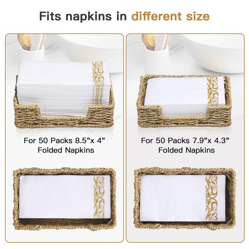 Tadacumir Disposable Guest Towel Holder Tray for Bathroom, Seagrass Paper Hand Face Towel Napkin Holder Long Rectangle Woven Napkin Ratten Wicker Dinner Basket