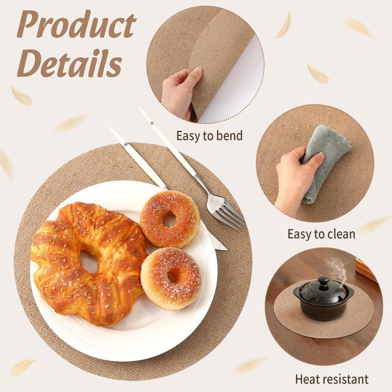 SEPGLITTER 24 Pcs Round Burlap Placemats Bulk 11.8 inches Brown Reusable Natural Jute Table Mats for Wedding Dinner Party Farmhouse Dinner Table Decor