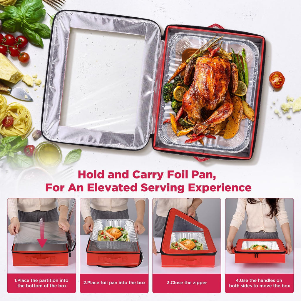 OUTXE 9x13 in Foil Pan Carrier - PU Leather Holder with Handle for Travel & Parties | Red