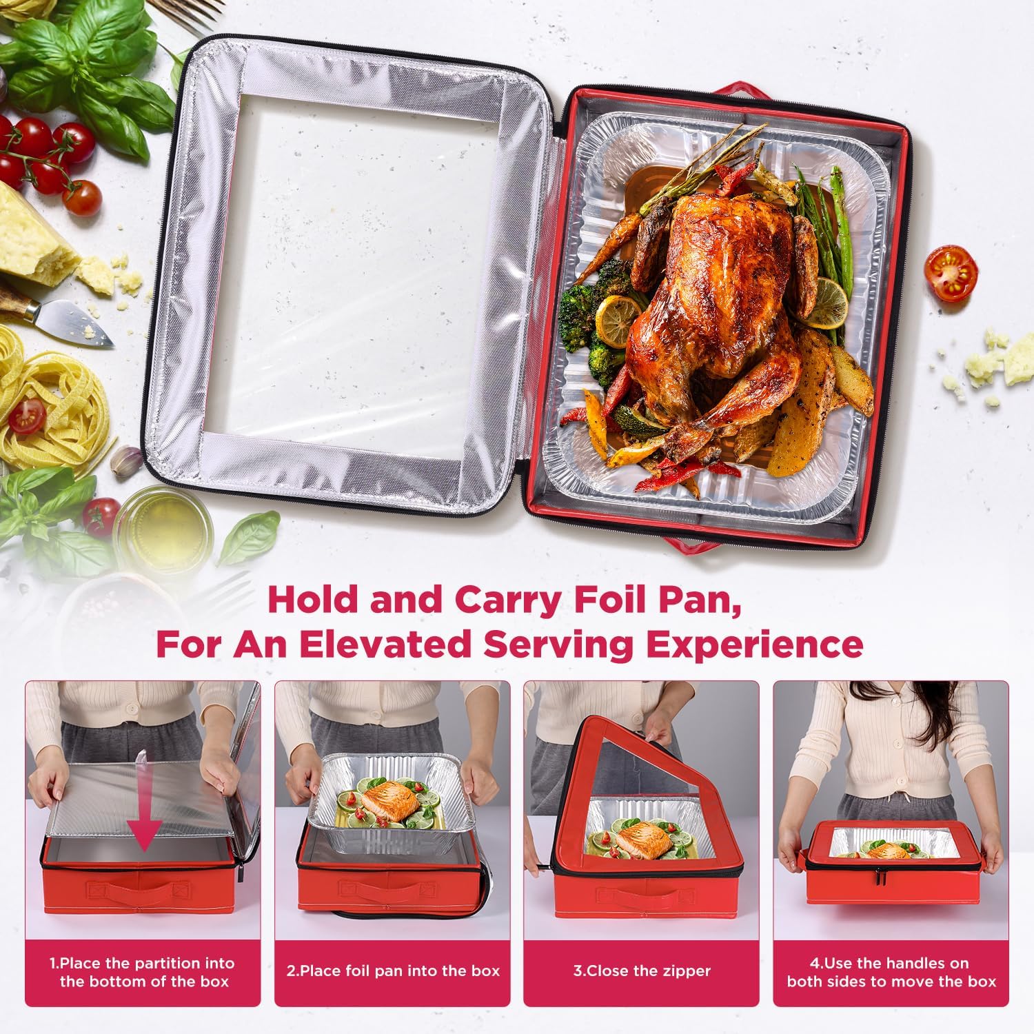 OUTXE 9x13 in Foil Pan Carrier - PU Leather Holder with Handle for Travel & Parties | Red