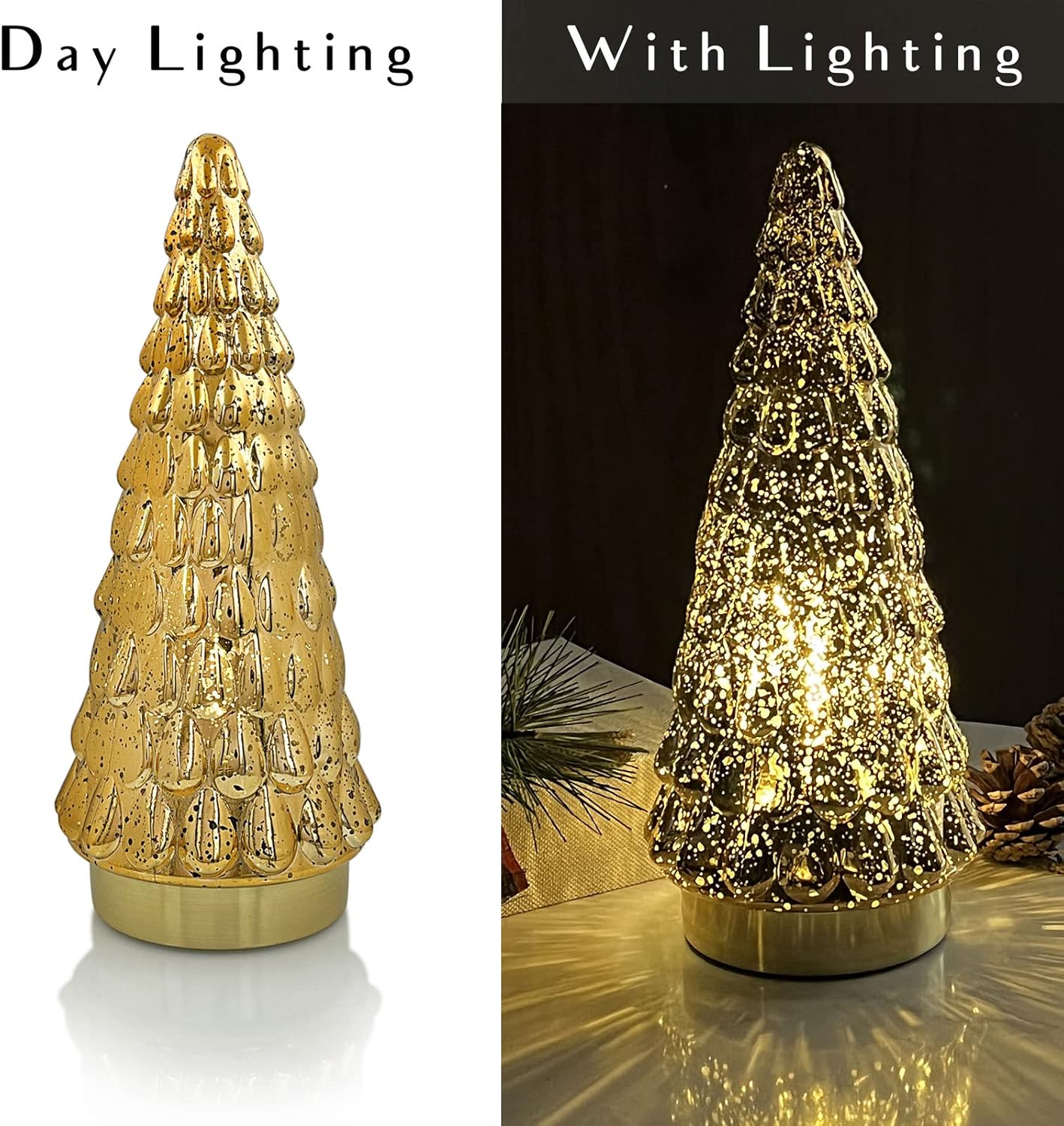 SHMILMH Gold Mercury Glass Christmas Tree Set - Battery Operated Tabletop Xmas Trees | 10" Decor