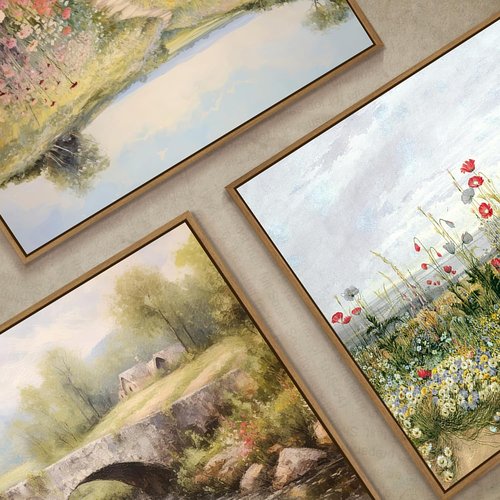 Gardenia Art Framed Canvas Wall Art - Spring Landscape with Mountain Bridge & Blooming Flowers | Perfect for Farmhouse Bedroom Decor