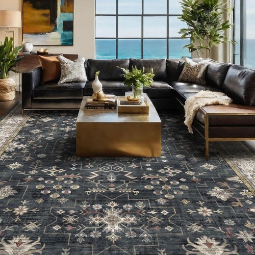 Hazo Haus Black Farmhouse Area Rug - Washable 7x10 ft, Stain Resistant, Non-Slip | Ideal for Living Room, Bedroom, Dining Room