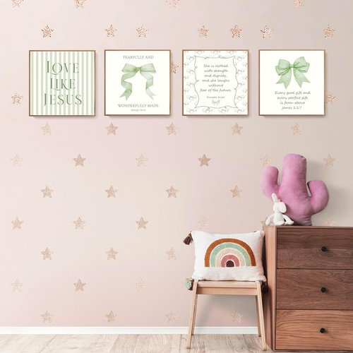 LARTSFRO Coquette Wall Art Decor - Sage Green Bow Christian Posters | Inspirational Bible Verses, 10x10 Inch Set of 4 (Unframed)