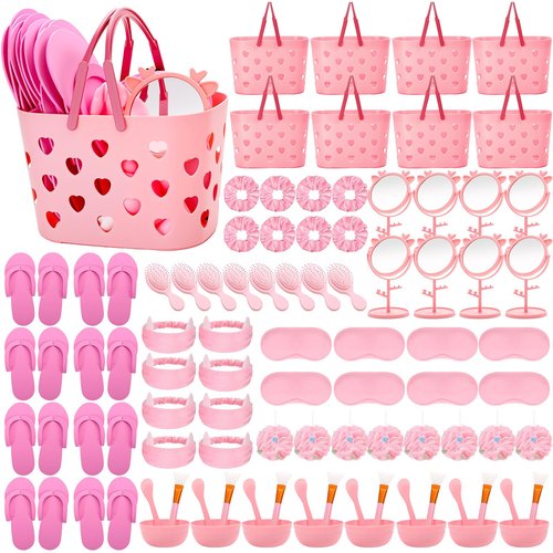 giftlyze 88 Pcs Spa Party Favor Supplies Bulk, Include Pink Basket, Mixing Bowl Set, Mirror, Headband, Scrunchies, Hair Brush, Loofah, Disposable Slipper for Spa Sleepover Birthday Party (Pink)