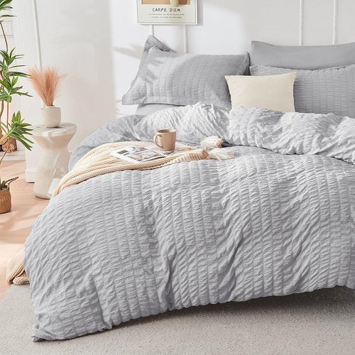 HYMOKEGE Queen Comforter Set - Light Grey Seersucker 7-Piece Luxury Bedding Set | All-Season Comfort