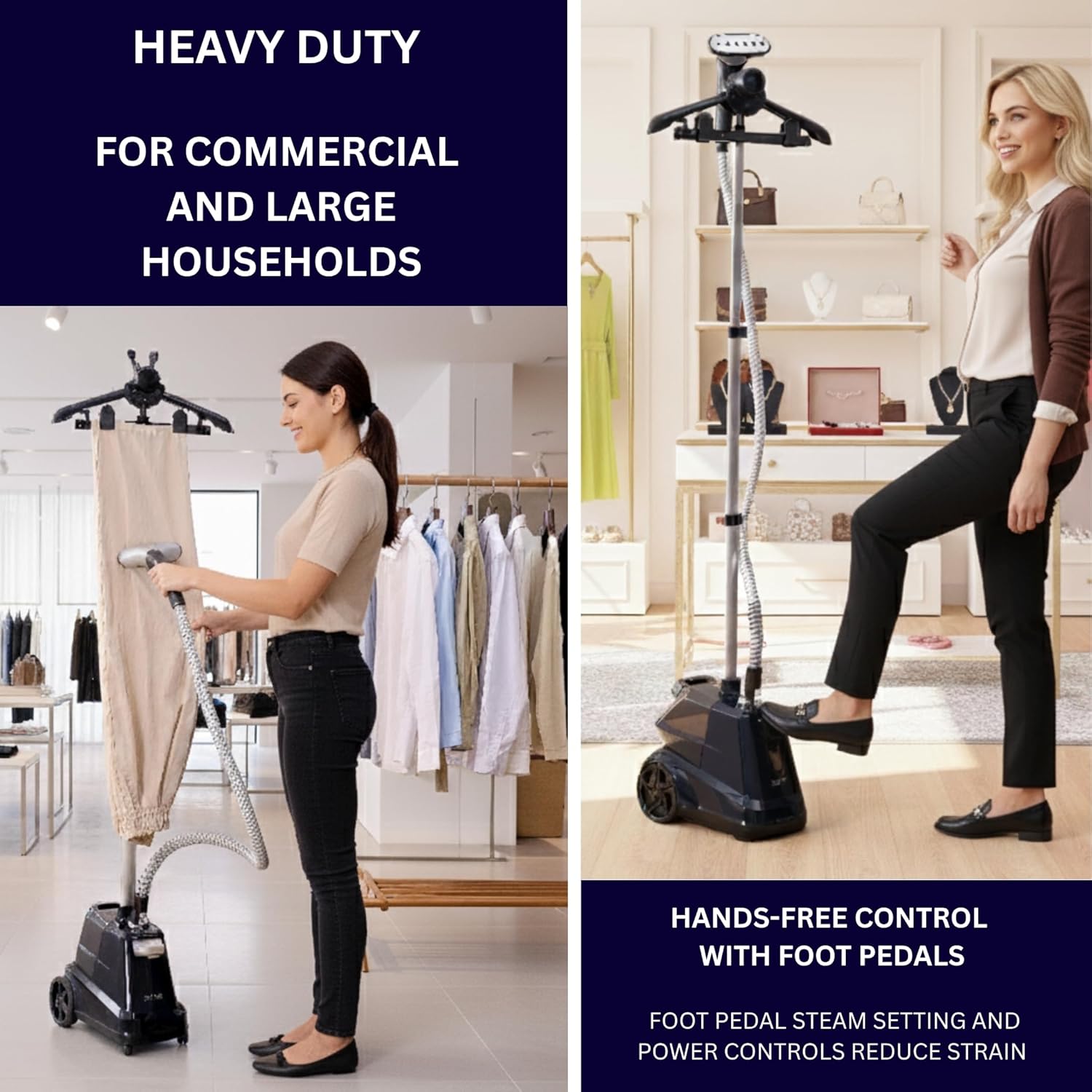 SALAV Heavy Duty Garment Steamer - Extra Large 3L Water Tank & Foot Pedals | 1800W Power, Navy
