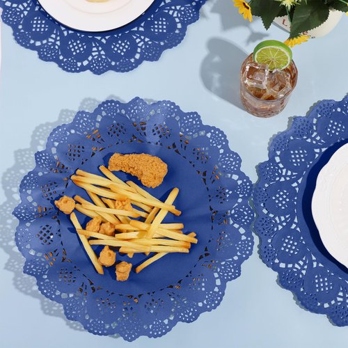 MCEAST 100 Pack Round Blue Paper Doilies 13.5 Inches Lace Place Mats Rustic Scallop Doily Disposable Paper Table Pads for Food Cakes Crafts Party Weddings Tableware Decor