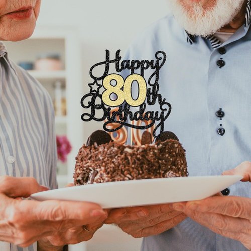 Happy 80th Birthday Cake Topper by [Brand Name] - Black Gold Glitter Design for Celebration