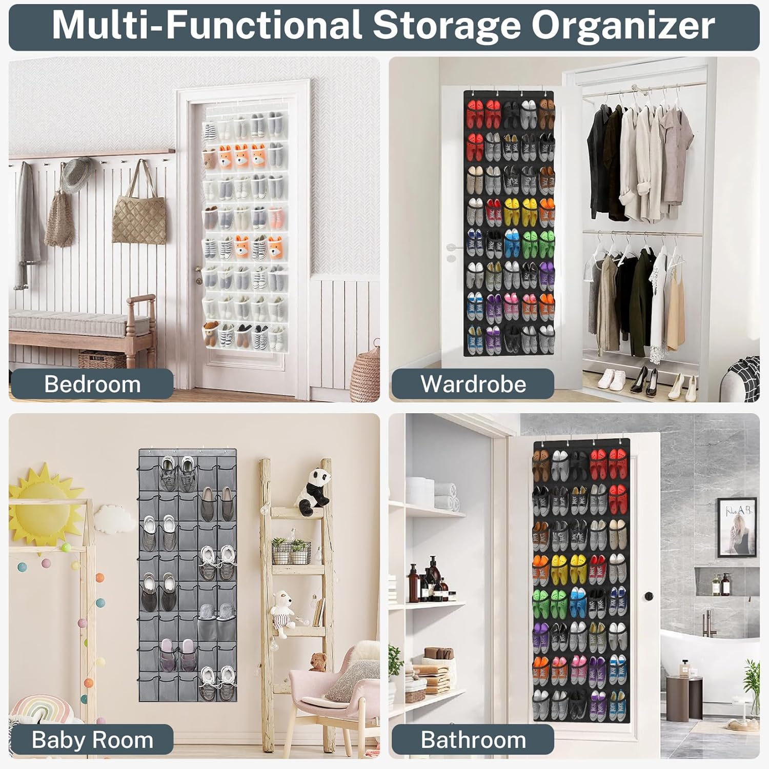 Skiennix Over The Door Shoe Organizer - 40-Pocket Hanging Rack for Closet Storage | Black Mesh Pockets