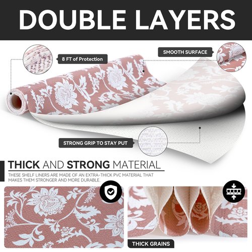 RAY STAR Shelf Liner, Non Adhesive Pink Floral Kitchen Cabinet Liner for Pantry Drawer Vanity, Strong Grip Non Slip, Shelf Liners for Kitchen Cabinets Cupboard 18 Inch x 8 FT (4 Rolls)