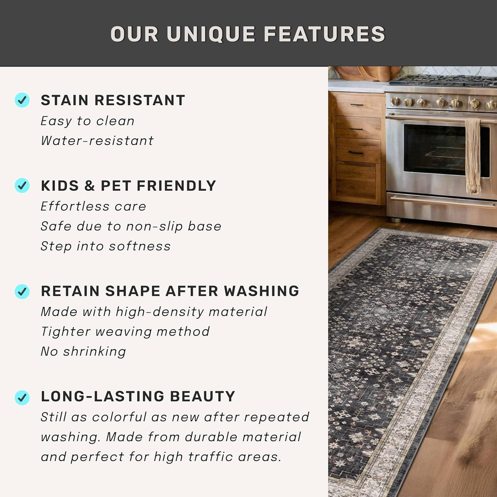 Skiennix Black Washable 10ft Long Runner Rug - Non-Slip Rubber Backing | Boho Vintage Design