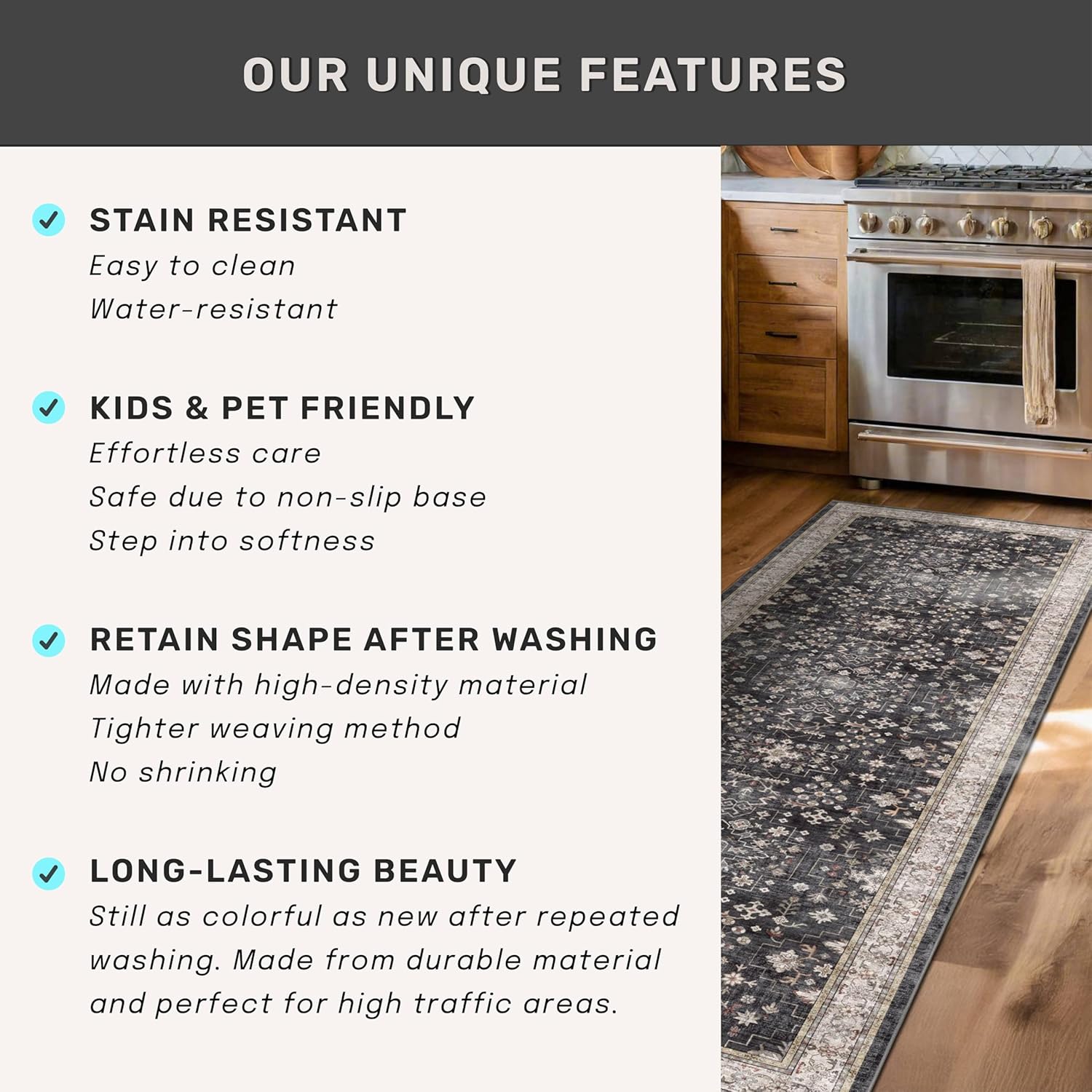 Skiennix Black Washable 10ft Long Runner Rug - Non-Slip Rubber Backing | Boho Vintage Design