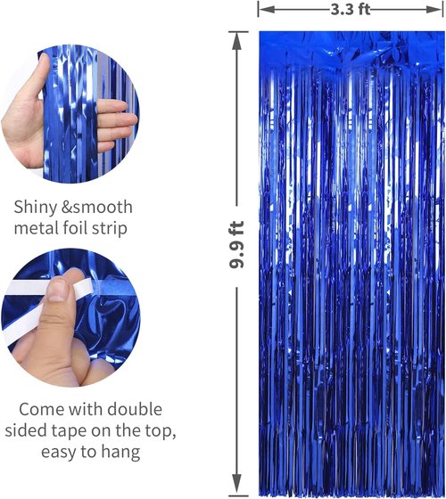 Crosize Dark Blue Foil Fringe Backdrop Curtain - 3 Pack 3.3 x 9.9 ft | Perfect for Parties & Celebrations