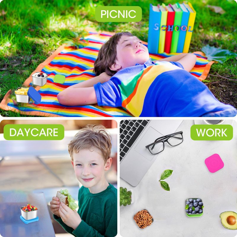 Haldane 4-Pack 6oz Stainless Steel Snack Containers for Kids Toddlers, Leak-Proof Bento Boxes with BPA-Free Silicone Lids, Reusable Food Storage Lunch Boxes for Daycare School Travel Picnic