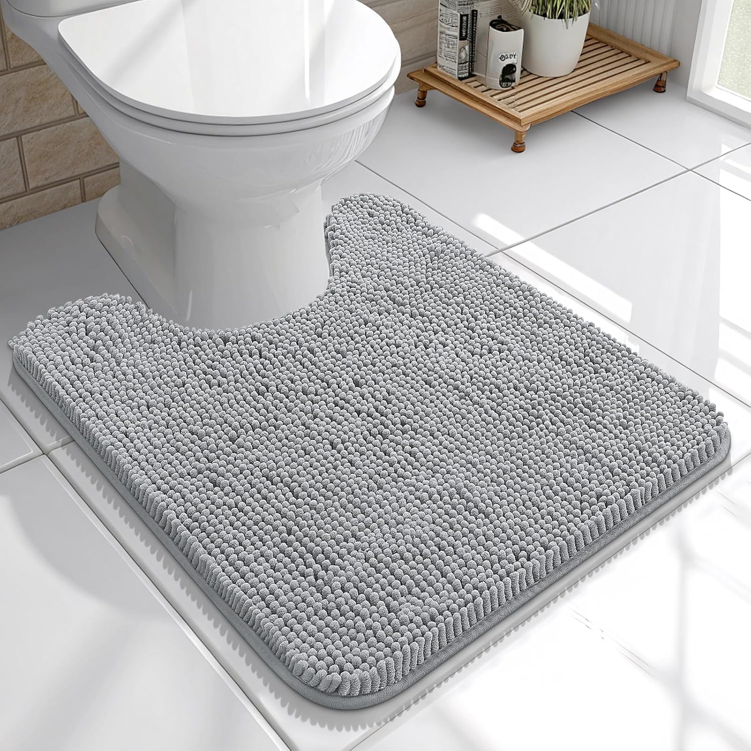 OLANLY U-Shaped Toilet Rugs - Extra Soft, Absorbent Chenille Bath Mat | 20x20, Light Grey, Non-Slip, Machine Washable