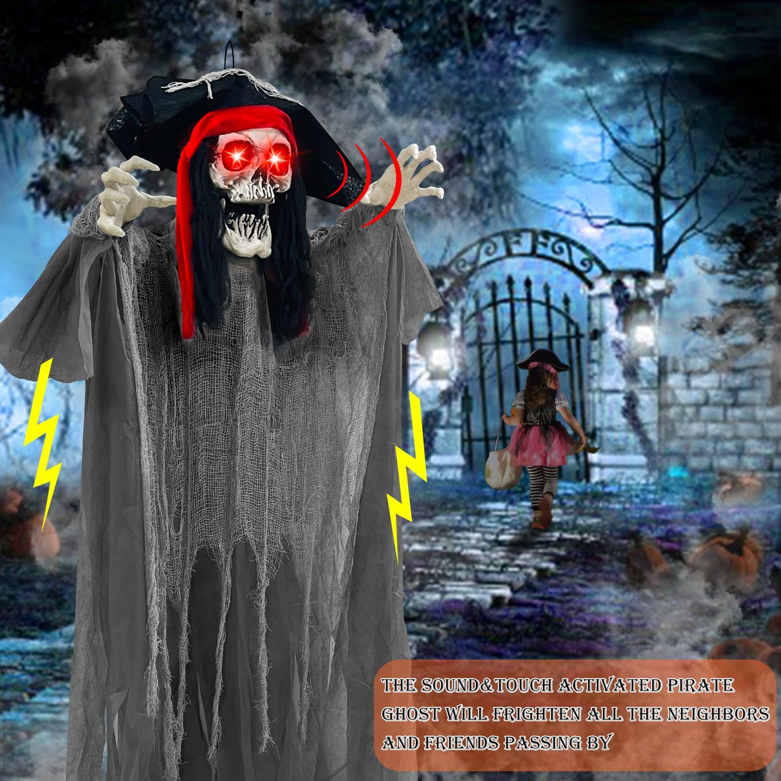[ Sound Activated & Large ] 70 Inch Halloween Animatronic Hanging Talking Pirate Ghost Decoration Light up Eyes Shake Life Size Skull Skeleton Halloween Decor Outdoor Haunted House Prop Yard Party