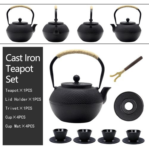 YJX 40.6 fl oz Cast Iron Teapot Set, Japanese Tetsubin Tea Set with Cast Iron Teacups, Small Tea Kettle Set with Strainer for Loose Tea, Enameled Interior (1200ml Tea Set with Cups and Saucers)