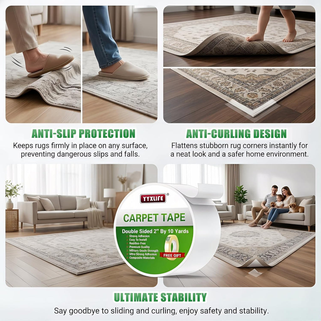 YYXLIFE Double-Sided Rug Tape - Strong Adhesive for Hardwood Floors | Non-Slip, No Residue, 2" x 10 Yards, White