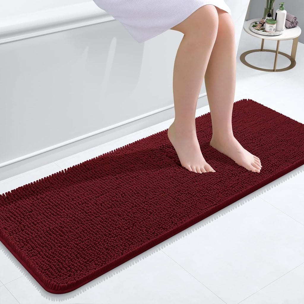 OLANLY Bathroom Runner Rugs - Soft Absorbent Chenille Bath Mats | Quick-Dry, Machine Washable, 47x17, Burgundy