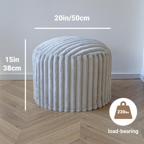 DAWNYIELD Luxury Round Stuffed Floor Poufs Ottoman, Stripe Faux Fur Footrest with Dual Layer Comfort, Removable Washable Cover, 20"x15" Plush Pouf Shaggy Stool for Living Room Bedroom, Gray