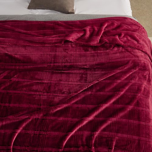 KORBLISS Super Soft Flannel Queen Blanket 90x90 Inches, Premium Checkered Jacquaed Silky Fleece Lightweight Bed Blanket All Season Use, Burgundy Strip, 90"x90"