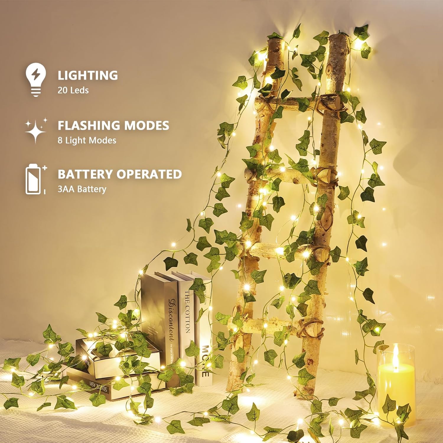 Skiennix 2 Pack LED Vines with Fairy Lights - 6.56ft Battery Operated, 8 Modes for Bedroom & Party Decor