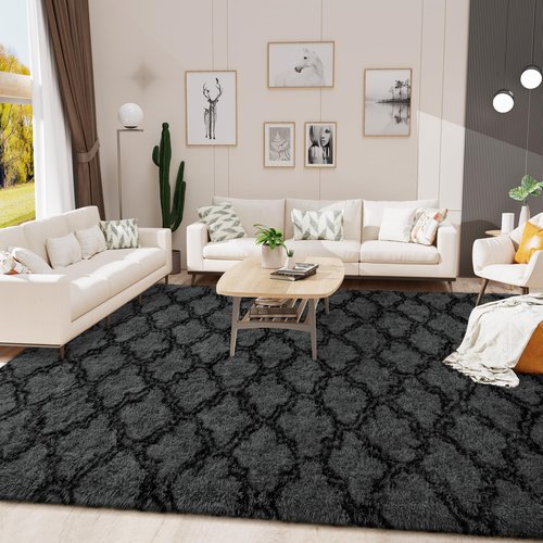 LOCHAS Luxury Shag Area Rug 8 x10 Feet Geometric Plush Fluffy Rugs, Extra Soft Carpet Runner Rugs for Bedroom Living Room Dorm Kids, High Pile Shaggy Floor Rug Decor, Dark Grey/Black