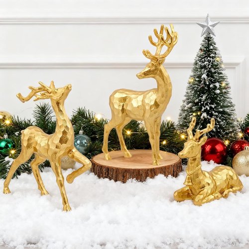 Exasinine Gold Reindeer Decor - 3 PCS Christmas Figurines for Holiday Indoor Decorations | Centerpieces & Ornaments
