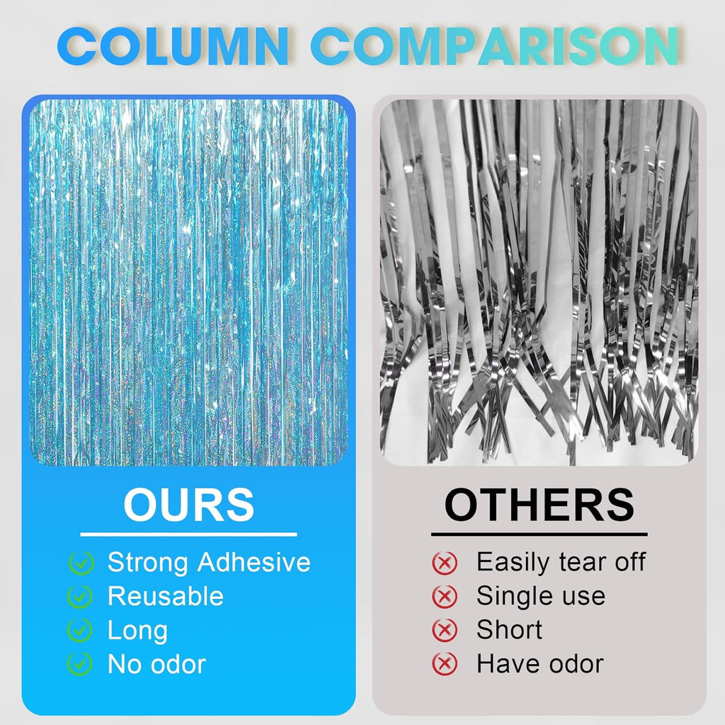 Voircoloria Foil Fringe Backdrop Curtains - Tinsel Streamers for Birthday, Baby Shower & Graduation | 3.3 x 6.6 ft, Light Blue