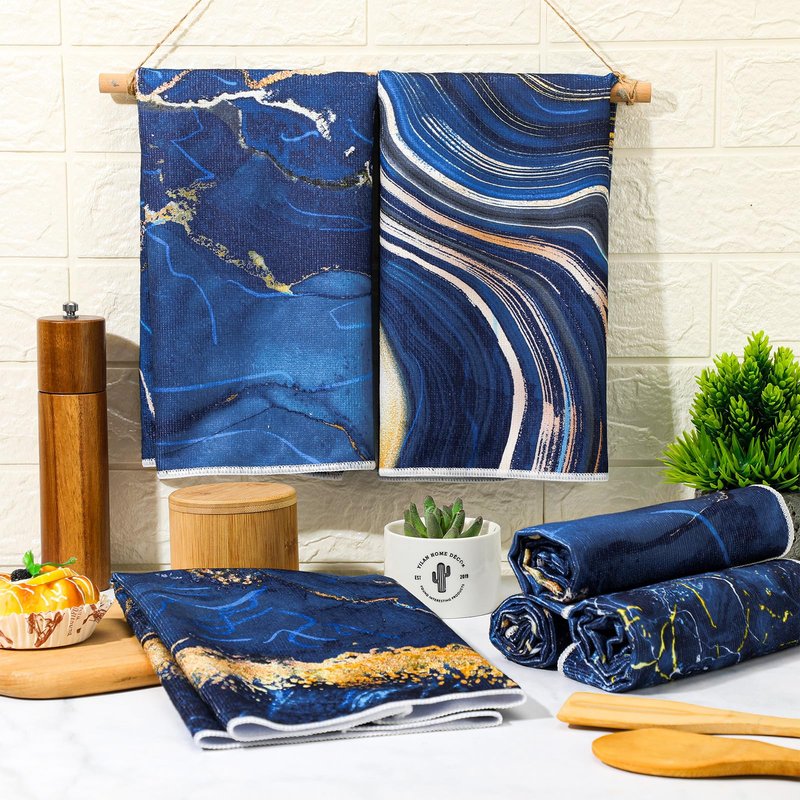 Boyiee 6 Pcs Marble Hand Towels Blue and Gold Towels Navy Blue Kitchen Towel Modern Gifts Absorbent Soft Decorative Dish Cloths Tea Towel Set Kitchen Decor Ocean Gift for Holiday Farmhouse Bathroom