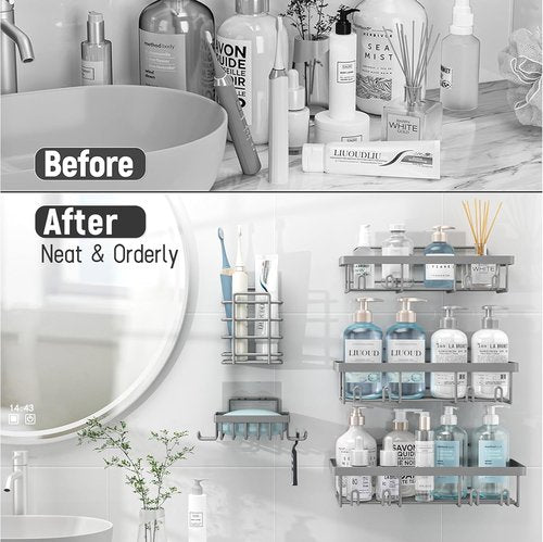 Liuoud Shower Caddy Organizer - Rustproof Stainless Steel Wall Storage Basket | 5 Pack, Large Capacity, Grey