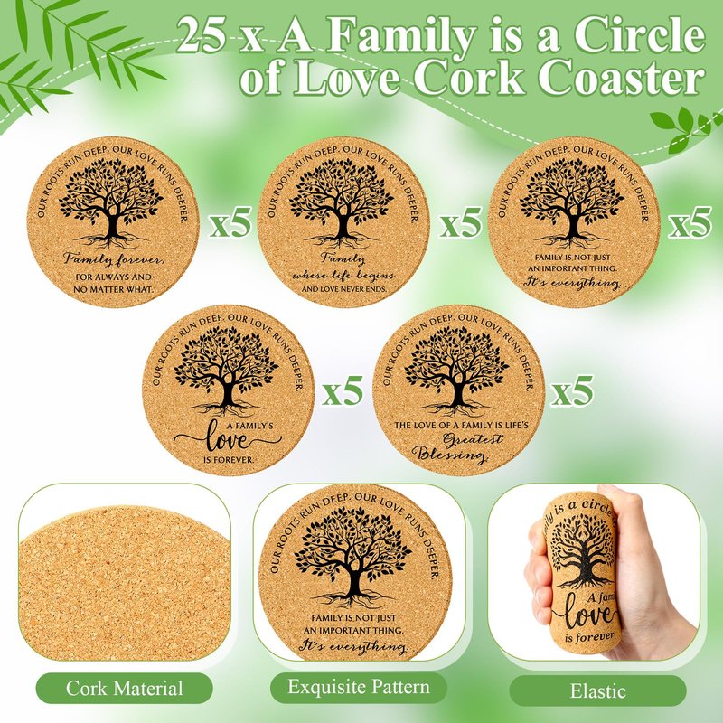 Teenyyou 25 Set Family Reunion Favors Include Our Roots Run Deep Our Love Runs Deeper Cork Coaster Absorbent Cork Mat with Card Organza Bag Summer Party Gift for Gathering Picnic