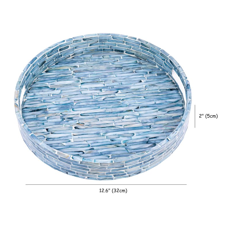 PEMAR 12.6” Mother of Pearl Round Serving Tray with Handles, Decorative Nacred Wooden Ottoman Coffee Table Tray for Dining, Party, Dinner, Breakfast in Bed (Brown Floral Pattern)