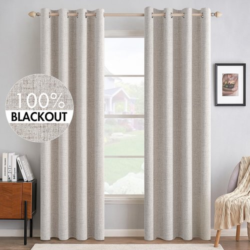 MIULEE 100% Blackout Linen Textured Curtains - Solid Thermal Insulated Ivory Drapes | 52 x 84 Inch (2 Panels)