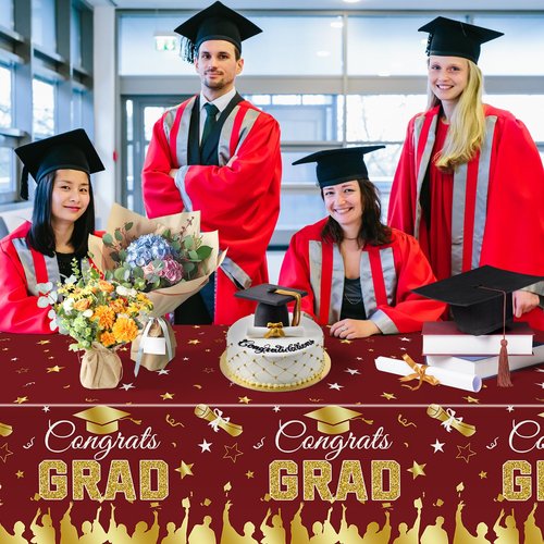 3-Piece 54 x 108 Inch Graduation Plastic Tablecloth - Congrats Grad Design Disposable Rectangle Table Cover for College High School Class of 2025 Graduation Party Supplies Indoor Outdoor (Maroon)