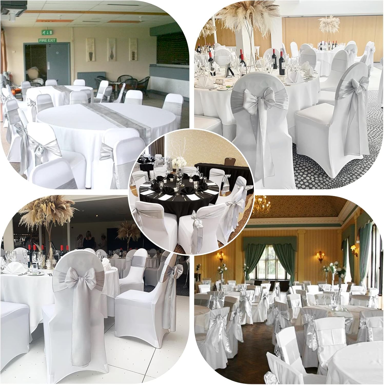 Showgeous Silver Satin Chair Sashes - 60 PCS Elegant Bows for Wedding & Event Decor | 7 x 108 Inch