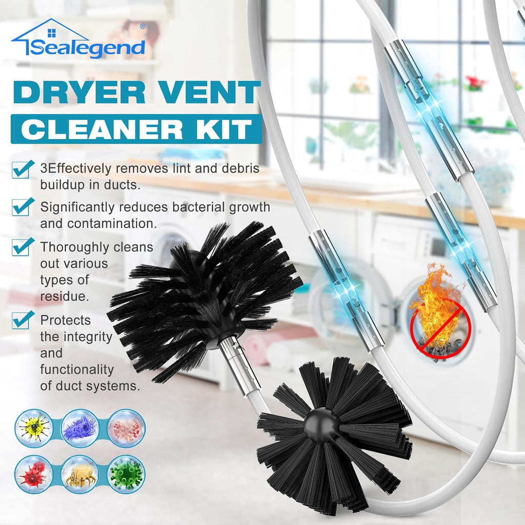 Sealegend Dryer Vent Cleaner Kit - 30 Feet Lint Remover with Upgraded Quick-Snap Brush & Drill Attachment