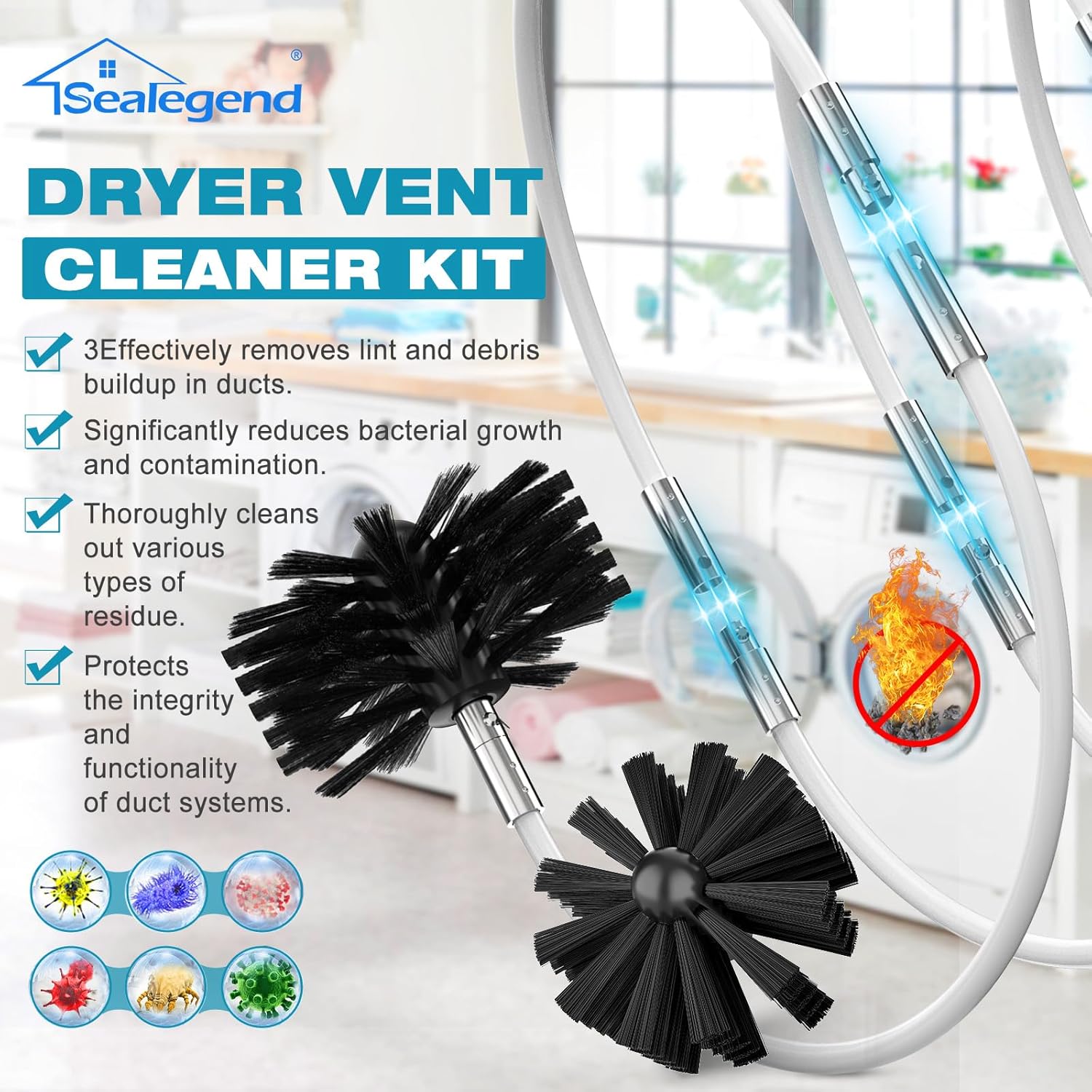 Sealegend Dryer Vent Cleaner Kit - 30 Feet Lint Remover with Upgraded Quick-Snap Brush & Drill Attachment