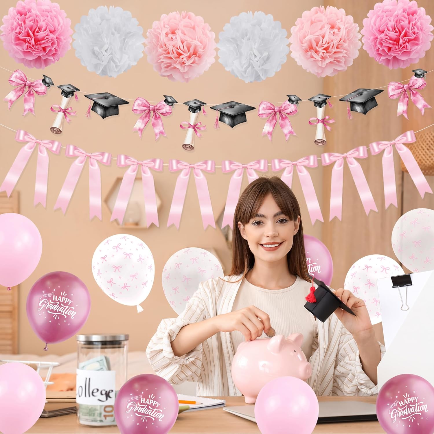 Pink Bow Graduation Decorations - 2026 Grad Banner & Garland | 22PCS Party Supplies