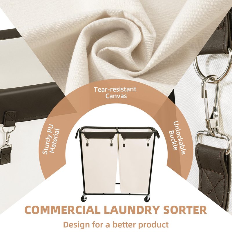 STORAGE MANIAC Commercial Laundry Hamper with Heavy Duty Steel Frame, 74 Gal. Industrial Laundry Basket Cart with Wheels for Hotel, Home, Laundry Room, Big Large Clothes Sorter, 2 Section Beige/Black