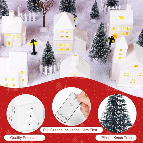 Fovths Christmas Village Set - 37-Piece Lighted Ceramic Houses with Remote Control LED Tealights & Accessories