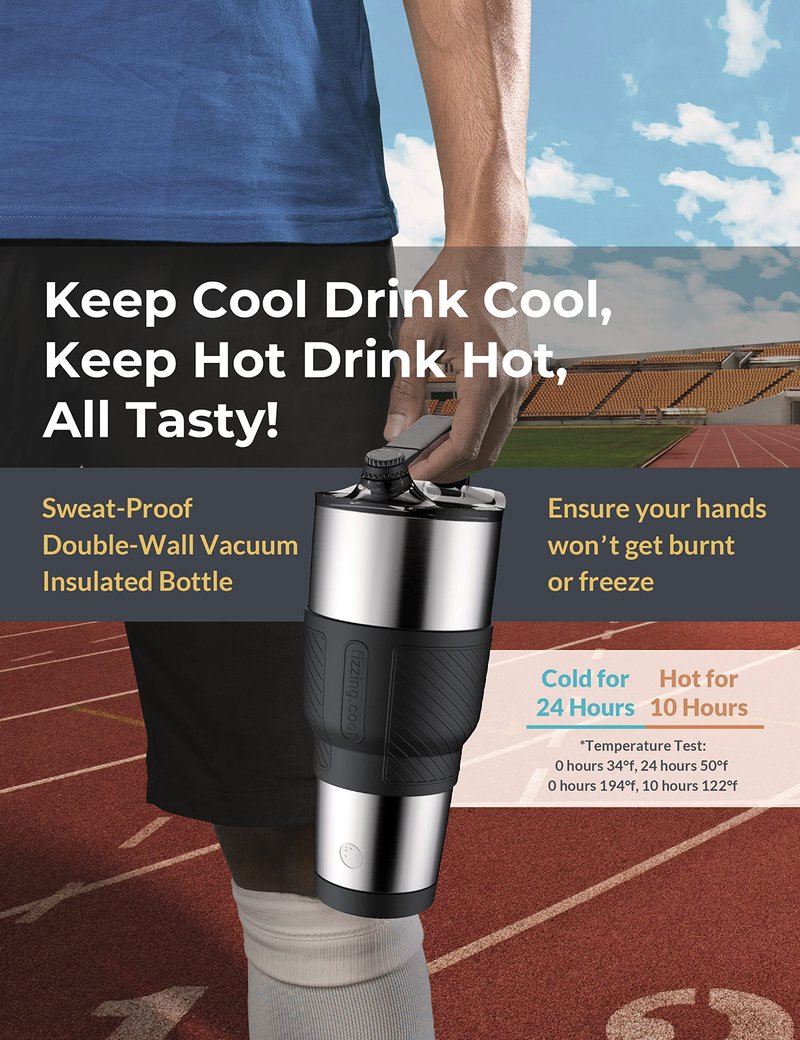 Fizzing.Cool Flipping Cup 100% Leakproof 32 oz Stainless Steel Vacuum Insulated Tumbler with Handle, Easy Clean Protein Shaker Bottle w/Screw Lid, Travel Mug