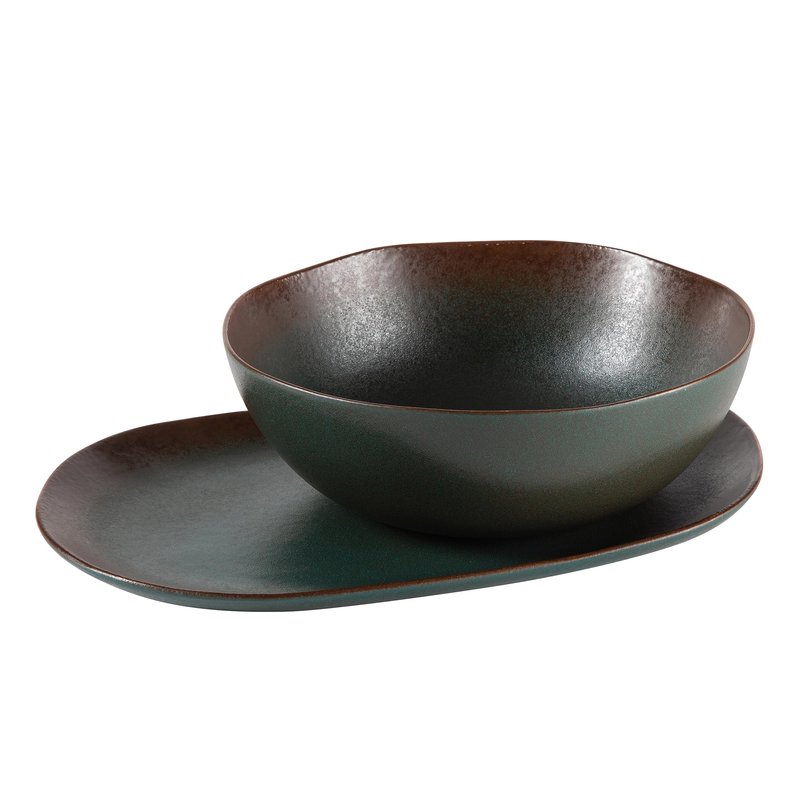 Bloomhouse - Two Time Oprah's Favorite Things Winner - Palermo Sun 2 Piece Serving Bowl and Oval Platter Stoneware Reactive Glaze Serveware Set - Agave Blue