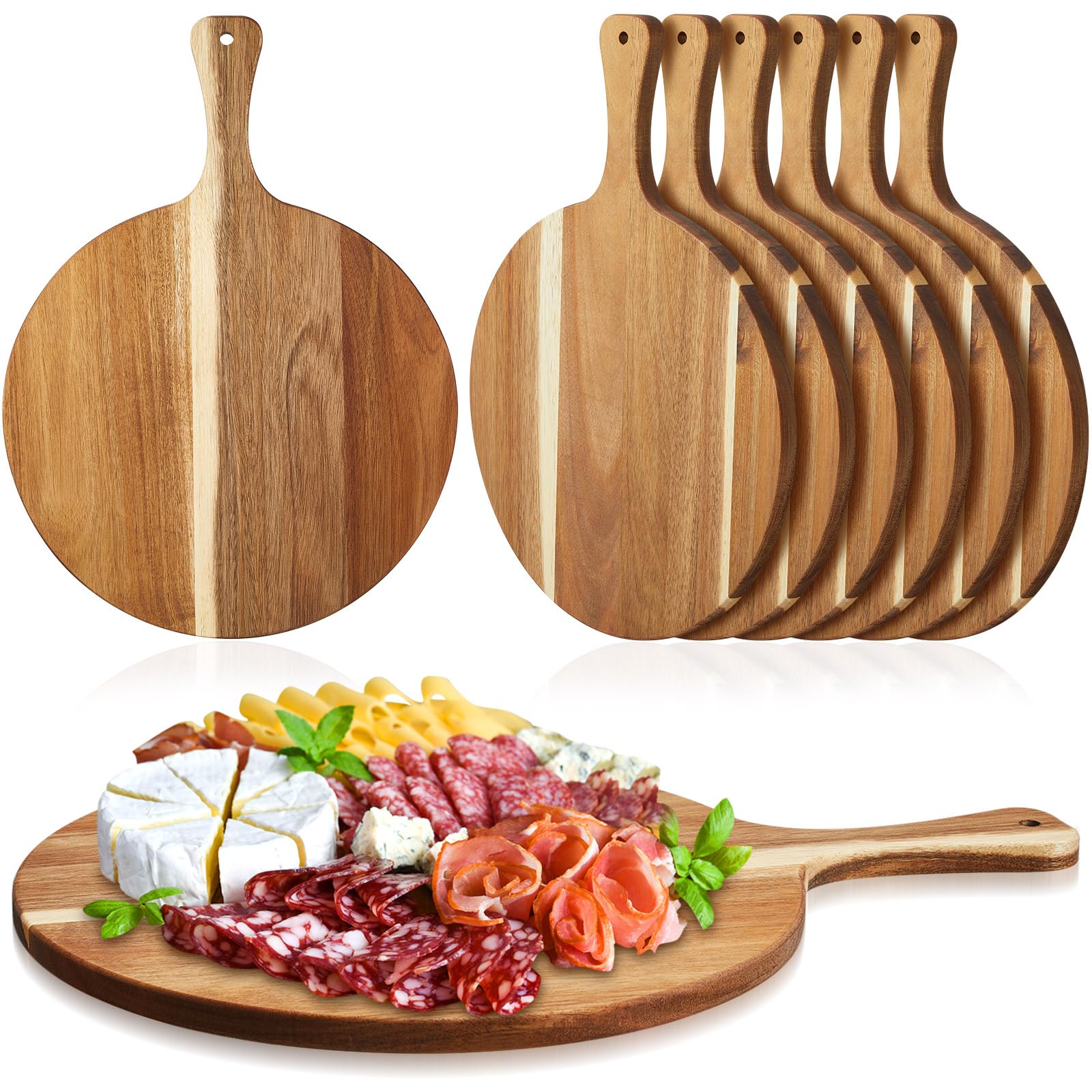 Sliner 6 Pcs Acacia Wood Round Cutting Board Bulk 0.6 Inch Thick Charcuterie Board with Handle Large Wooden Chopping Paddle for Cutting Pizza Cheese Meat Fruit (13 x 9 Inch)