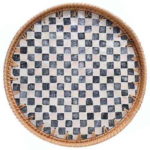 Rattan Checkered Tray with Mother of Pearl, Round Coffee Table Tray Décor 12 inch, Round Wicker Boho Decorative Woven Serving Tray (Checkerboard)
